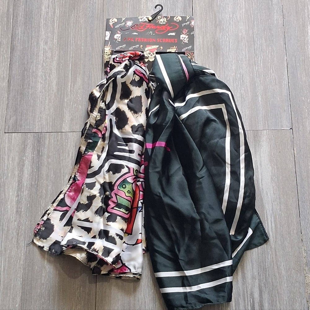 Ed Hardy Black & Cream Satin Scarf Set with Pink and Green Accents